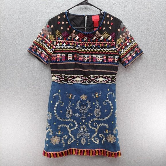 Embroidered Multicolor Short-Sleeve Dress With Fringe Hem By V Cristina Size 6 - Picture 1 of 3